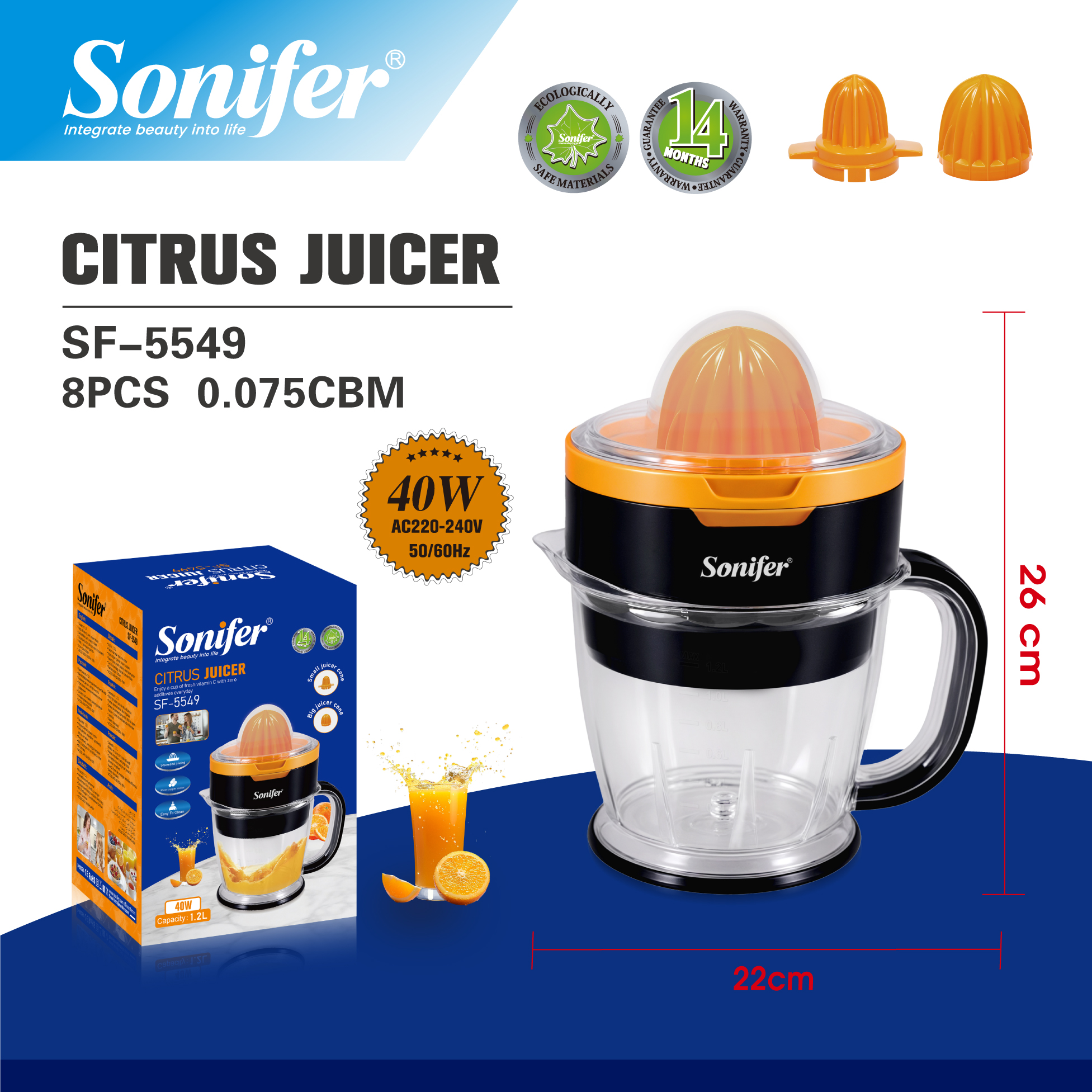 Sonifer SF-5549 Sitrus Şirəçəkən – 40W, 1.2L Tutum, Saf Mis Motorlu